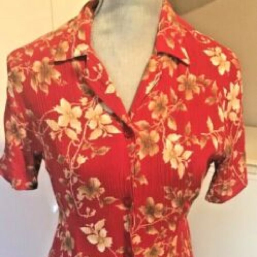 Bice Women's Short Sleeve Crinkle Dress Red w/Flowers Tie-back - Size 8
